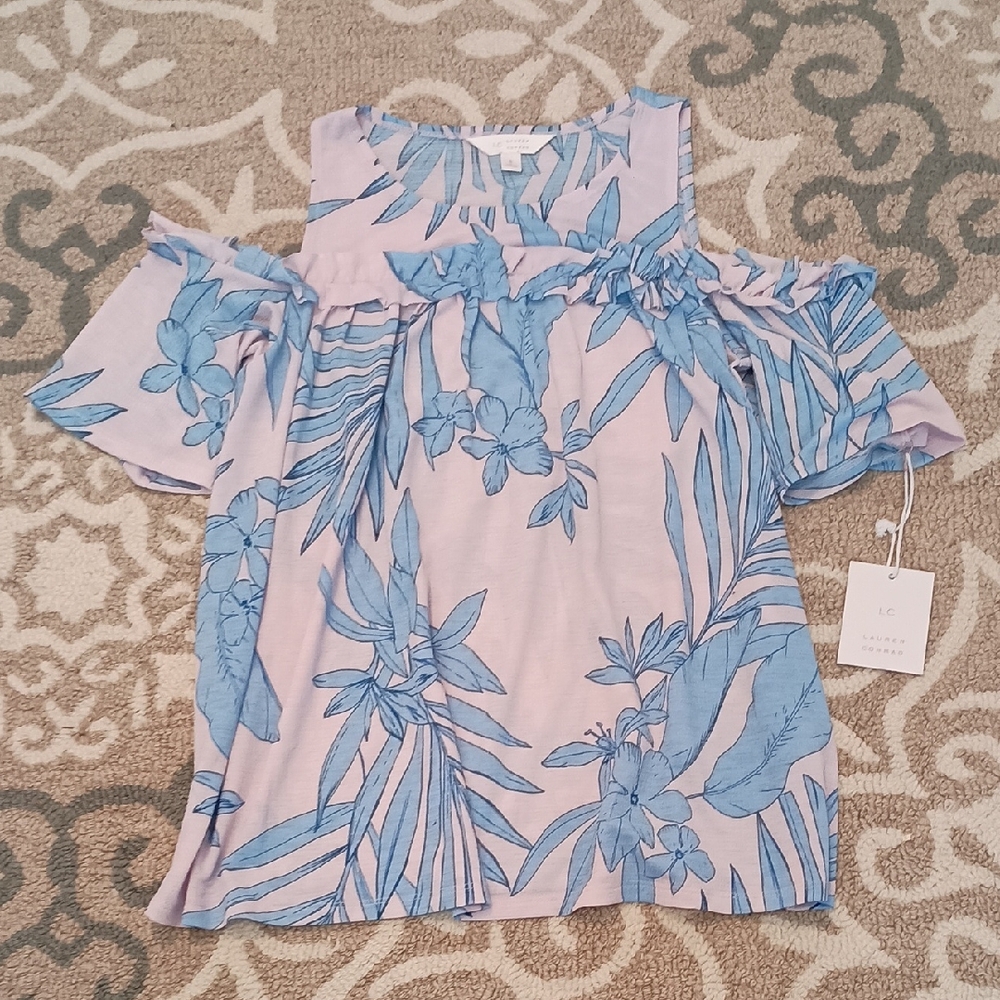 LC Lauren Conrad Blue Floral Off-Shoulder Top